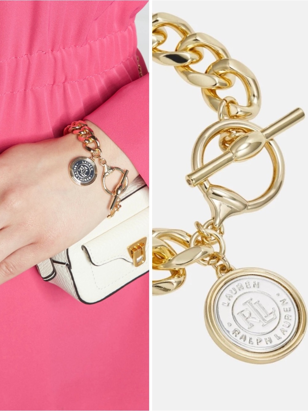 Ralph Lauren Gold & Silver Tone Chain Toggle Bracelet with Links